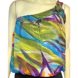 3-FOR-$30 Vtg Y2K One-Shoulder Top Blouson Smocked Hem Colorful Watercolors Glam